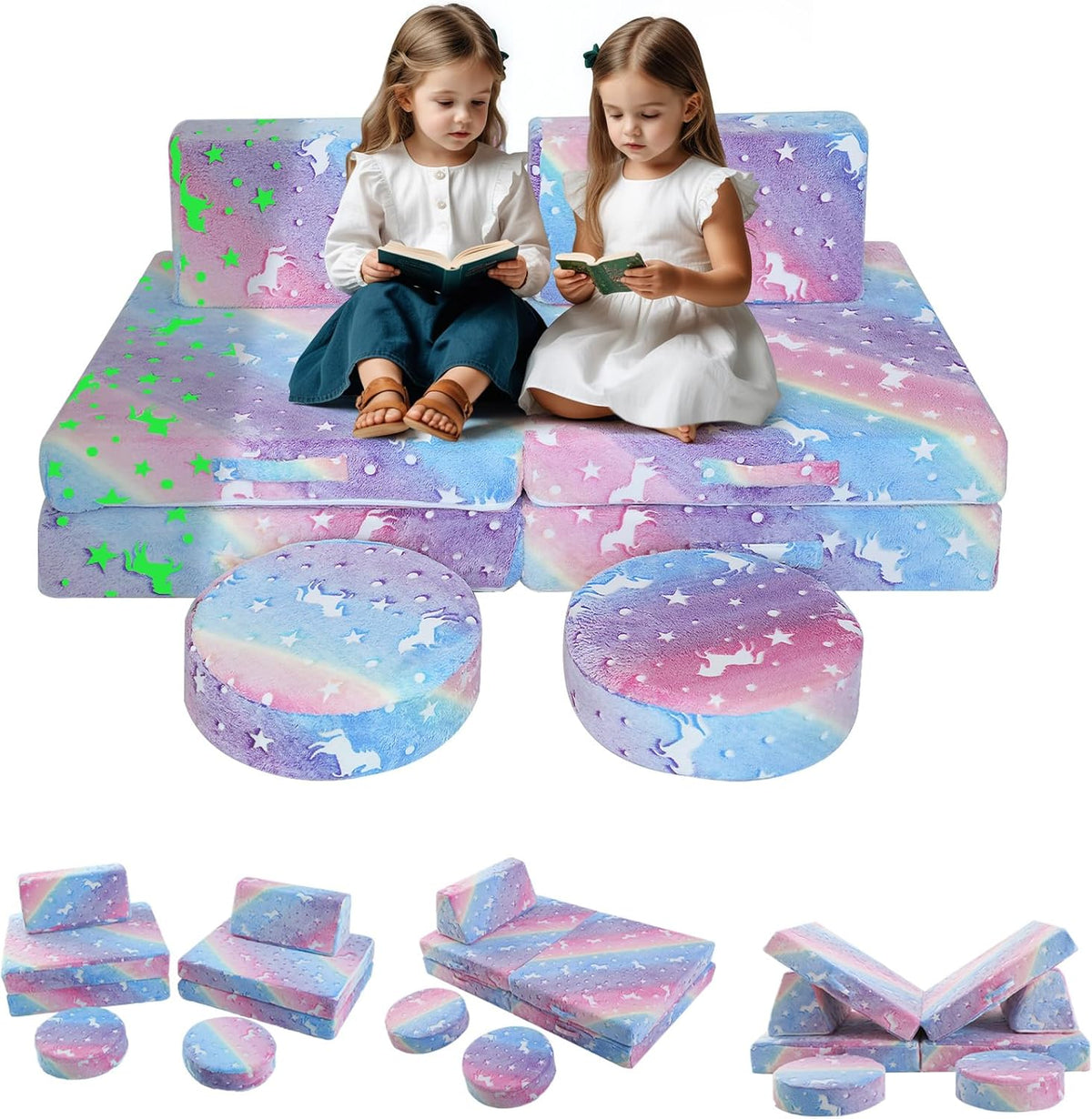 MeMoreCool Modular Glow Sofa for Kids, 8-Piece Convertible Foam Couch Play Set with Unicorn, Rainbow, and Star Pattern for Toddlers and Playroom
