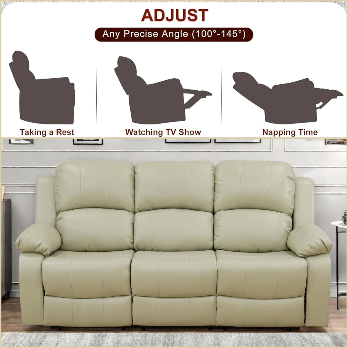 Leather Recliner Sofa Couch, 3-Seater Home Theater Seating Reclining Sofa, Power Reclining Couch with Cup Holders & Drop Down Table for Living Room Furniture Sets, Khaki