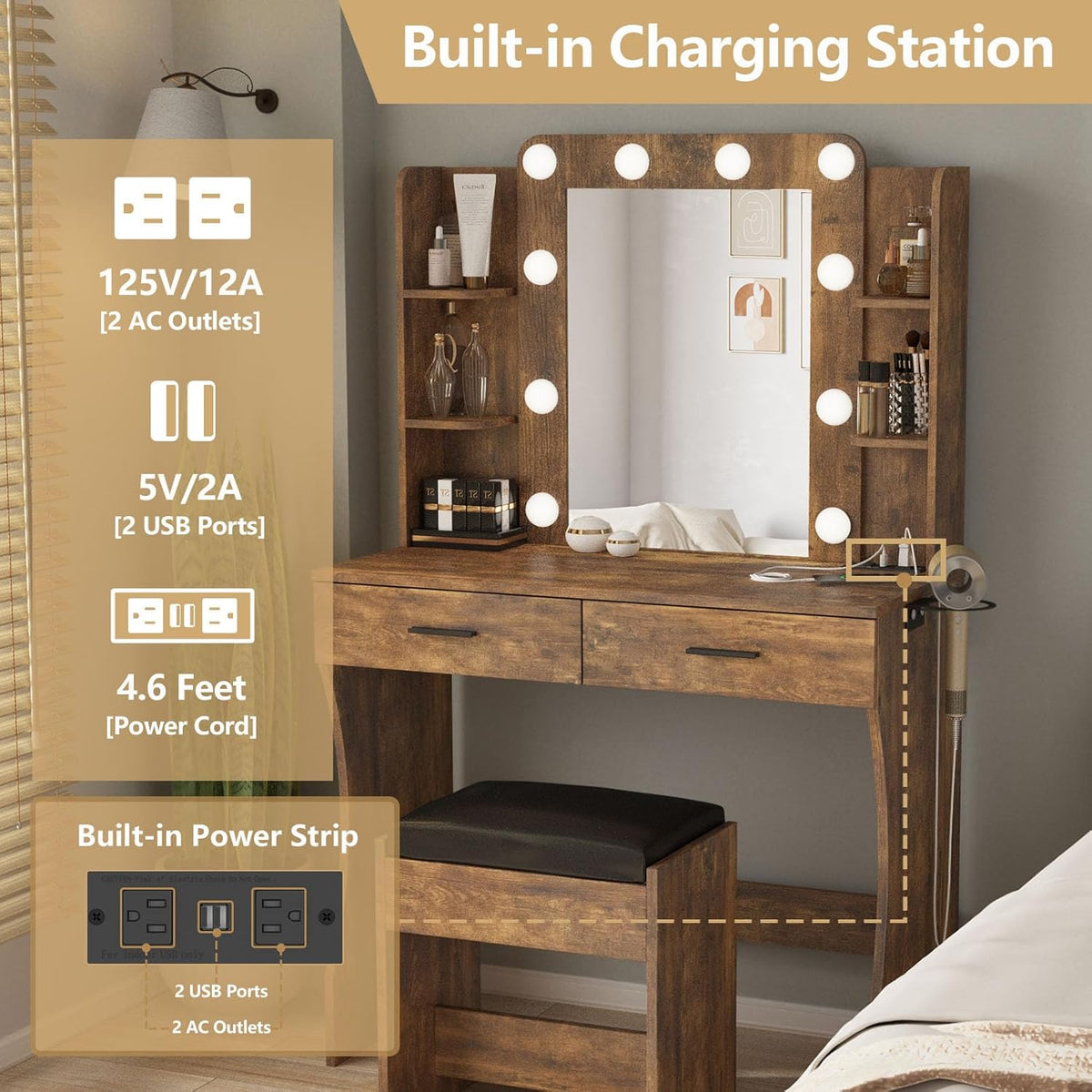 Vabches Vanity Desk with Lights,Makeup Vanity with Power Strip,Dressing Table Set with 2 Large Drawers,Vanity Mirror 3 Lighting Color Adjustable,Rustic Brown