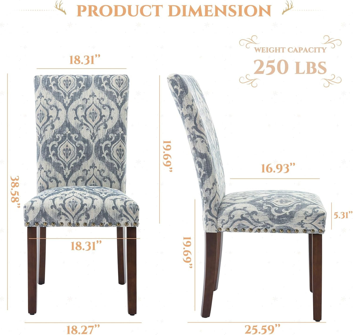 Parsons Dining Chairs Set of 4, Upholstered Nailhead Dining Room Kitchen Side Chair with Thick Cushions and Wood Legs, White/Blue