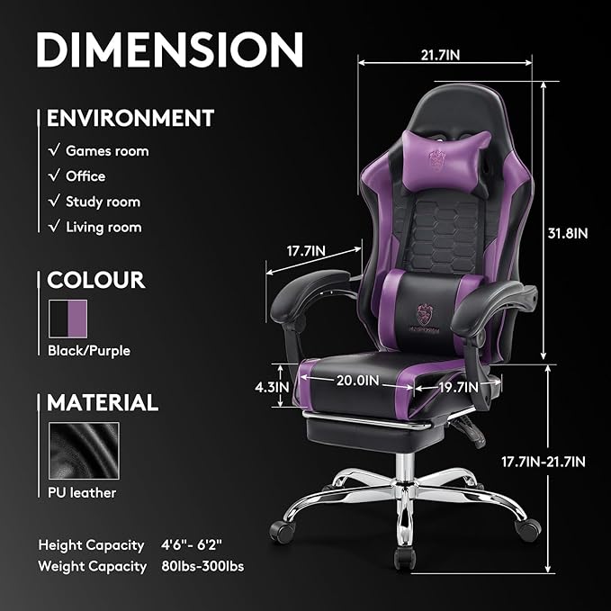 Gaming Chair,Computer Office Chair with Footrest,Massage Lumbar Support and Gel Pad,Ergonomic Reclining Adjustable Leather Gamer Chair with Headrest and Spring Cushion Purple