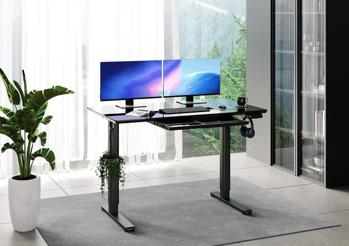 INNOVAR Glass Standing Desk with Drawers, 40×24 Inch Adjustable Stand Up Desk Quick Install Home Office Computer Desk, Black