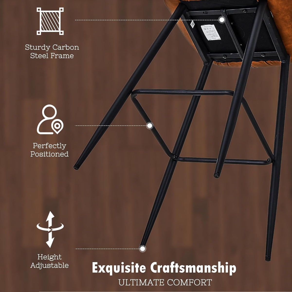 VECELO Quilted Bar Stools Set of 2, Bar Height Bar Stools with Back & Footrest, PU Leather with Stitching, Mid-Century Modern, 100% Virgin Cotton, 30" Tall, for Kitchen Home Bar, Caramel Brown