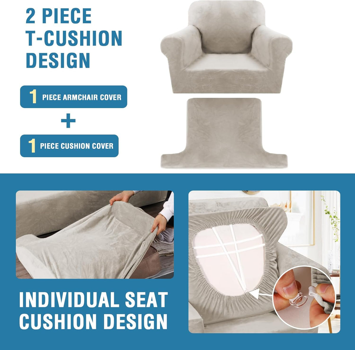 H.VERSAILTEX Sofa Cover 2 Piece T Cushion Armchair Slipcovers Thick Velvet Couch Cover Stretch T Cushion Sofa Covers for 1 Cushion Couch with 1 Individual T Cushion Covers, French Oak