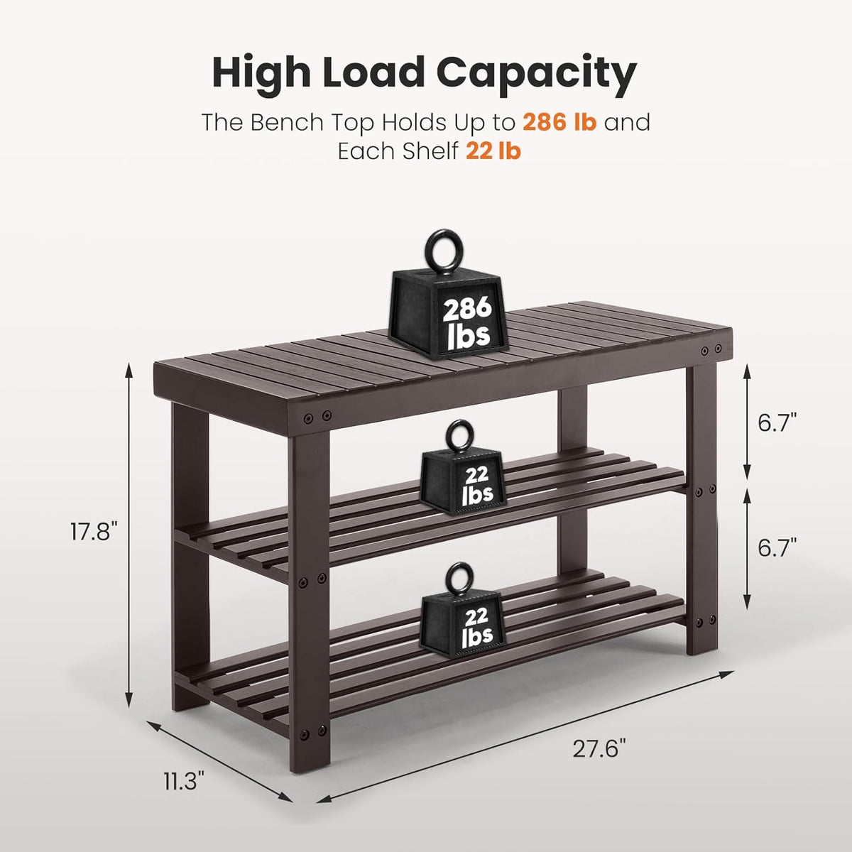 Sweetcrispy 3-Tier Shoe Rack Bench, Bamboo Entryway Storage Organizer, Shoes Stand for FrontDoor Entrance, Bedroom, Living Room, 286lb Capacity, 11.3 x 27.6 x 17.8 Inches, Chestnut