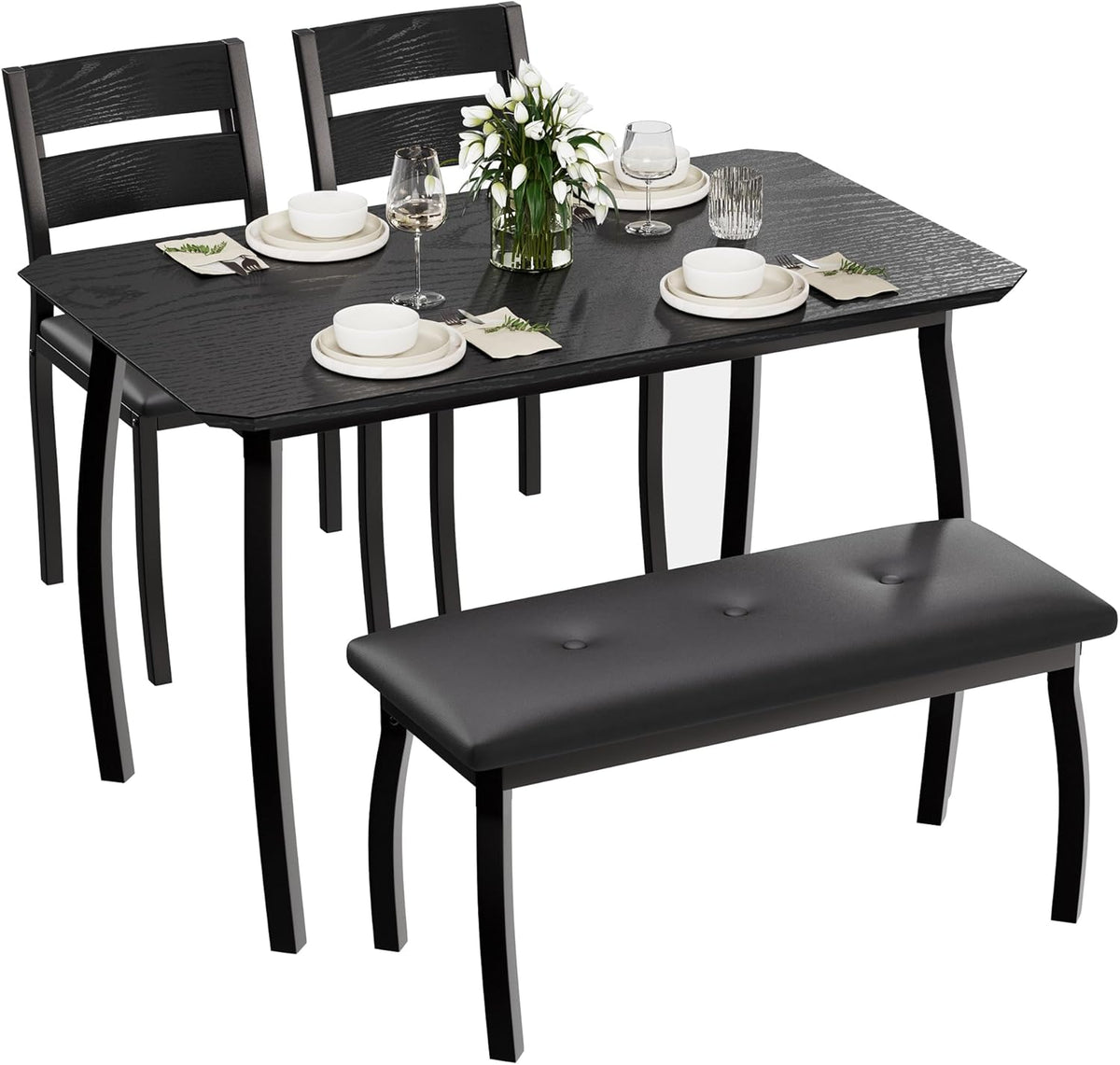 4 Piece Farmhouse Dining Table Set for 4, Space Saving Rustic Kitchen Table with 2 Padded Chairs & Bench, Small Breakfast Nook Furniture Set for Dining Rooms, Apartments, Black
