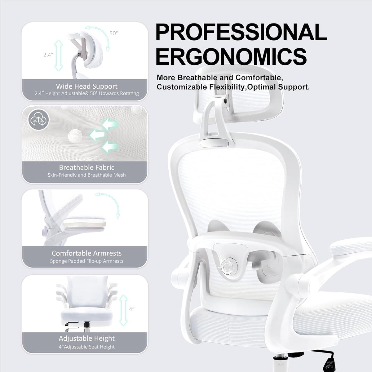Ergonomic Office Chair,Ultra Thick Office Desk Chair with Adjustable Lumbar Support and Headrest,Spring Cushion,Rocking Function,Flip-up arms,Mesh Computer Chair for Home Office,White