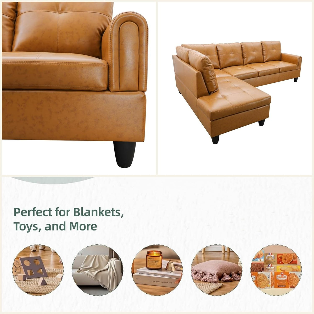 L Shaped Sectional Couches, Leather Couch Modular Sectional Sofa with Ottoman Storage, Modern L Shaped Couch with Chaise for Living Room Bedroom Apartment Furniture, Orange