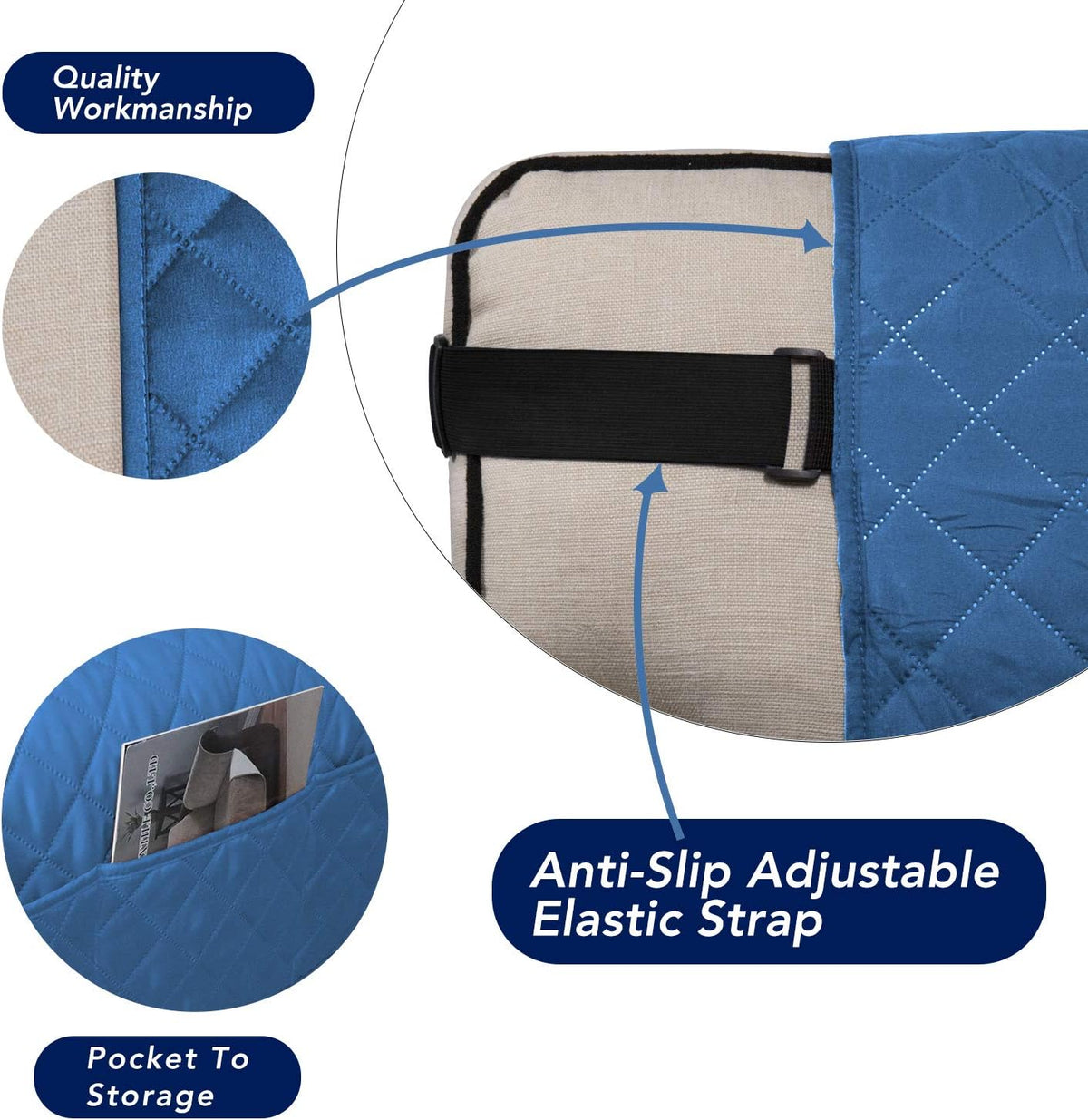 PureFit Reversible Sofa Cover Water Resistant Chair Couch Cover, Machine Washable Furniture Cover with Non-Slip Foam and Adjustable Strap for Dogs, Pets (Chair, Blue/Ivory)