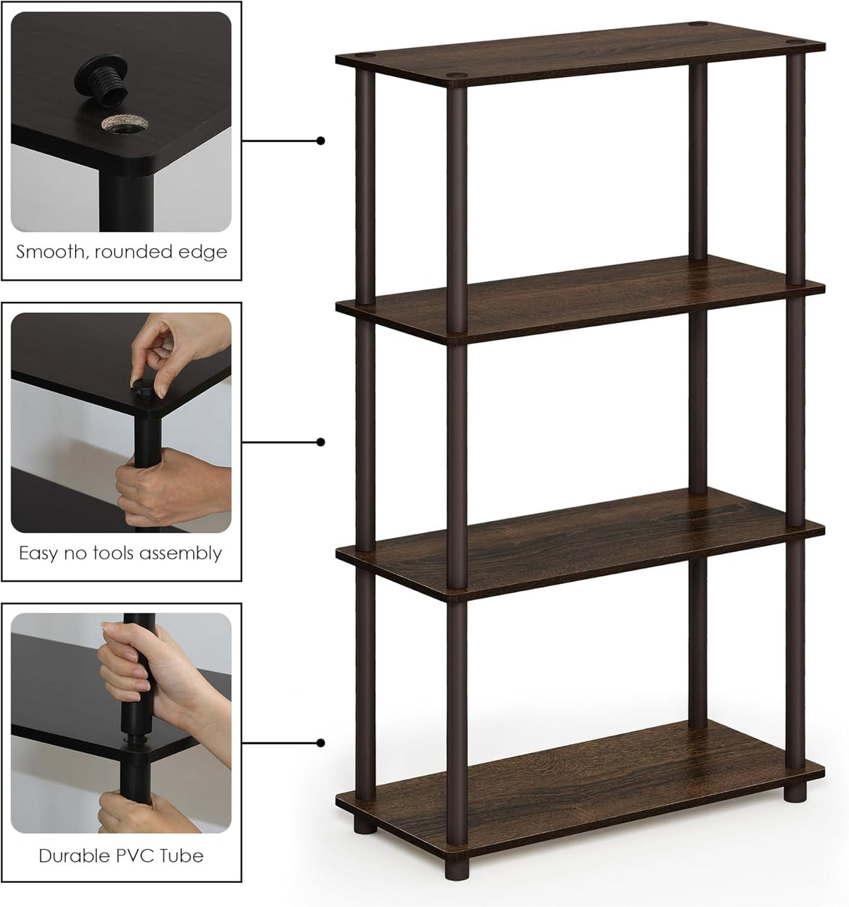 Furinno Turn-N-Tube 4-Tier Multipurpose Shelf Display Rack, Round Tubes, Walnut/Brown