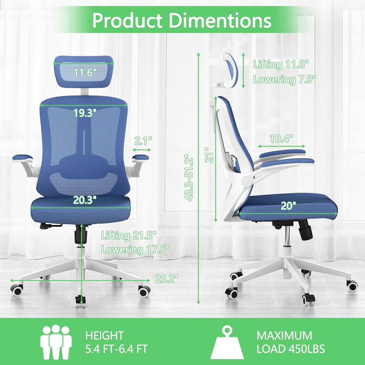 Home Office Chair,Ergonomic Big and Tall Office Desk Chair with Flip-up Arms/Headrest/Adjustable Lumbar Support/Tilt Function/450 lbs Heavy Duty Office Chair-Mesh （Blue）