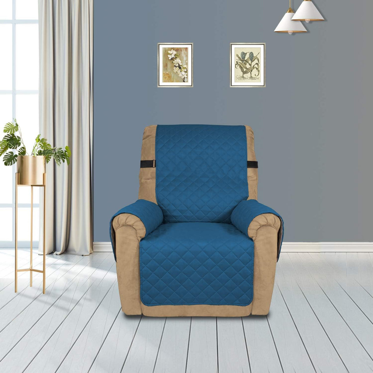 PureFit Reversible Sofa Cover Water Resistant Recliner Couch Cover, Machine Washable Furniture Cover with Adjustable Strap for Dogs, Pets (Recliner, Peacock Blue/Ivory)