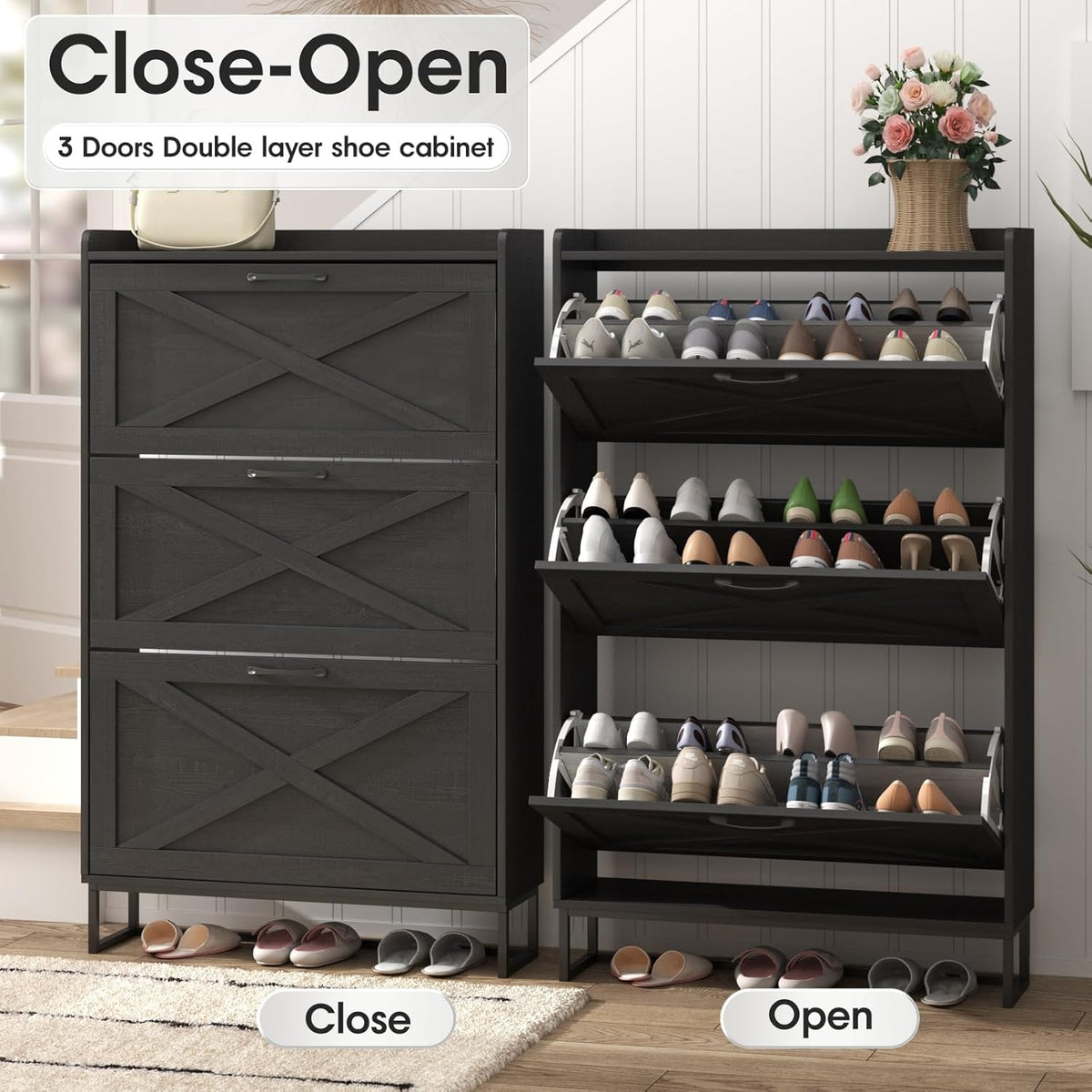 Maupvit Shoe Storage Cabinet with 3 Flip Drawers, Freestanding Organizer with Metal Legs for Entryway, Narrow Shoe Rack Cabinet, Black