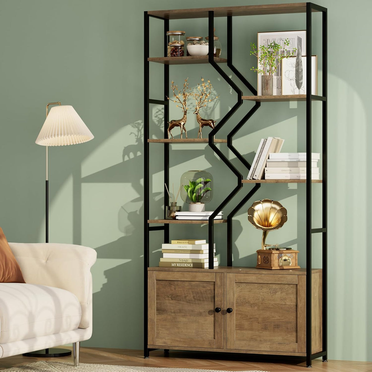 76" Tall Shelf with Storage Cabinet Doors, 6 Tier Open Bookshelf for Multi-use Display, Staggered Book Shelf Etagere Bookcase for Home Office/Living Room, Deep Metal & Wood Accent Shelf, Rustic Brown