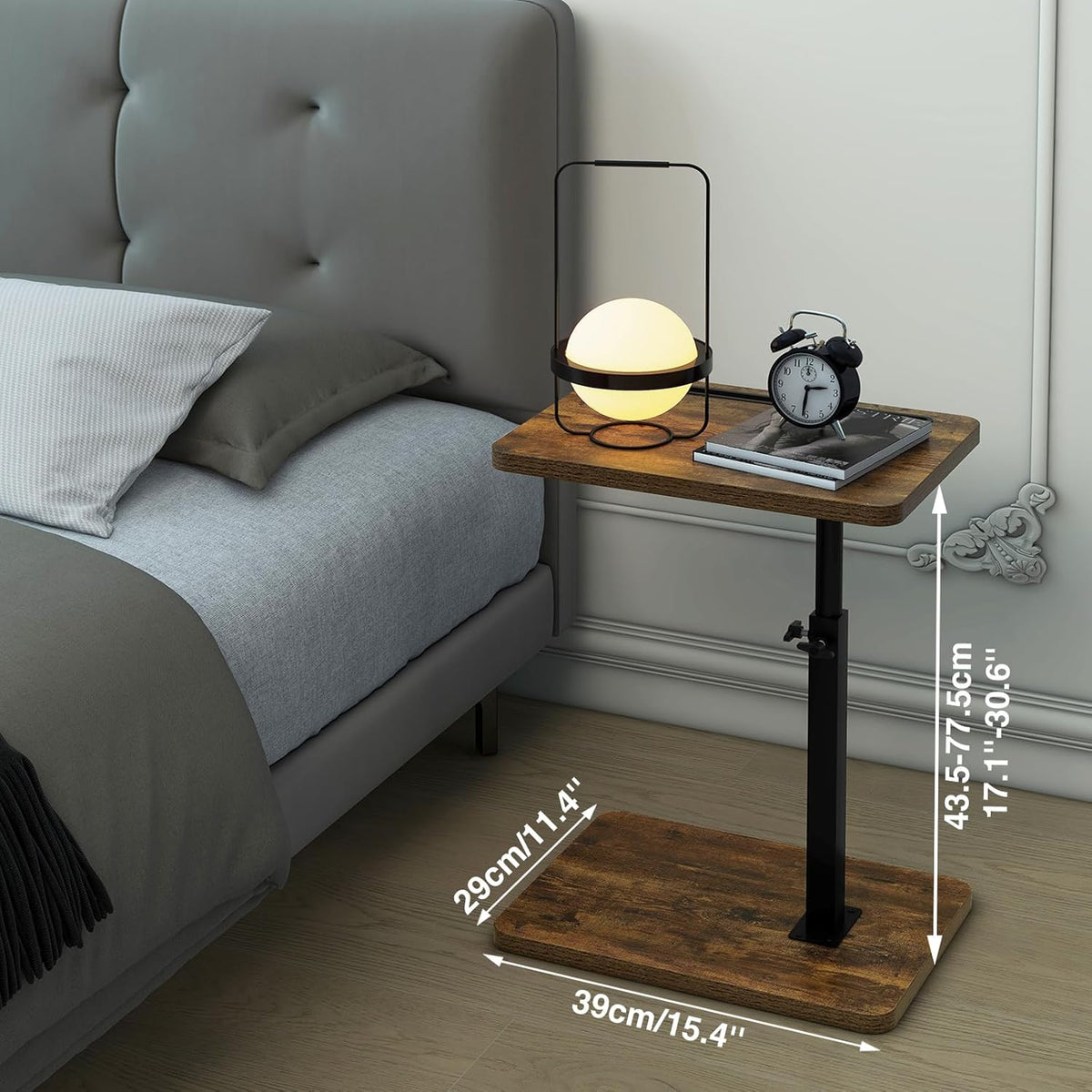 IBUYKE C Shaped Side Table, 360° Swivel Height Adjustable End Table for Small Spaces, with Phone & Tablet Slot, Modern Small Coffee Snack Table for Sofa/Bed, Retro Brown UTVT003H