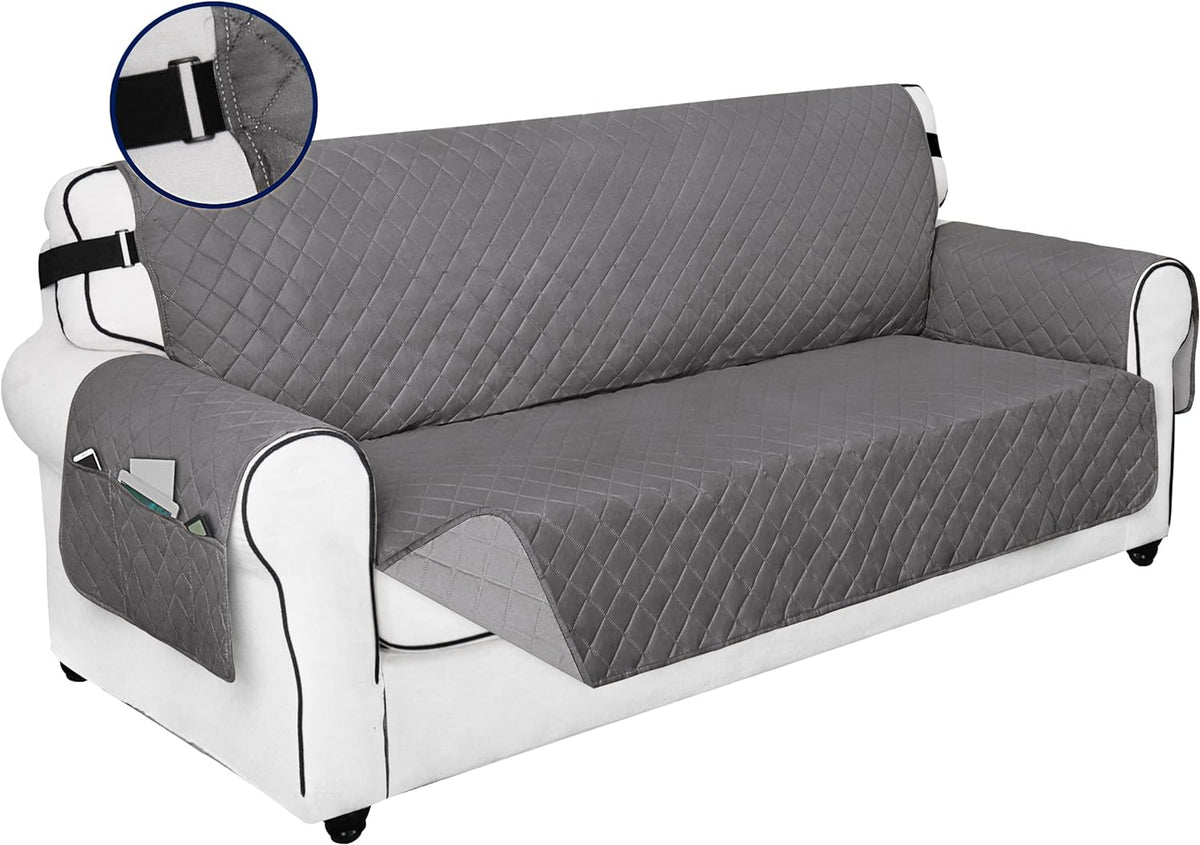 PureFit Reversible Sofa Couch Cover Water Resistant Couch Covers for 3 Cushion, Washable Furniture Cover with Non-Slip Foam and Adjustable Strap for Dogs, Pets (Oversized Sofa, Gray/Light Gray)