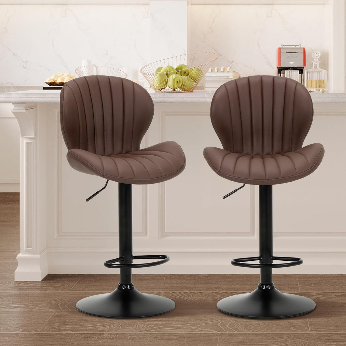 COLAMY Bar Stools Set of 2, Modern Swivel Bar Chairs, Adjustable Faux Leather Upholstered Barstools Counter Height with High Backrest for Bar, Kitchen Island, Dining Room, Brown