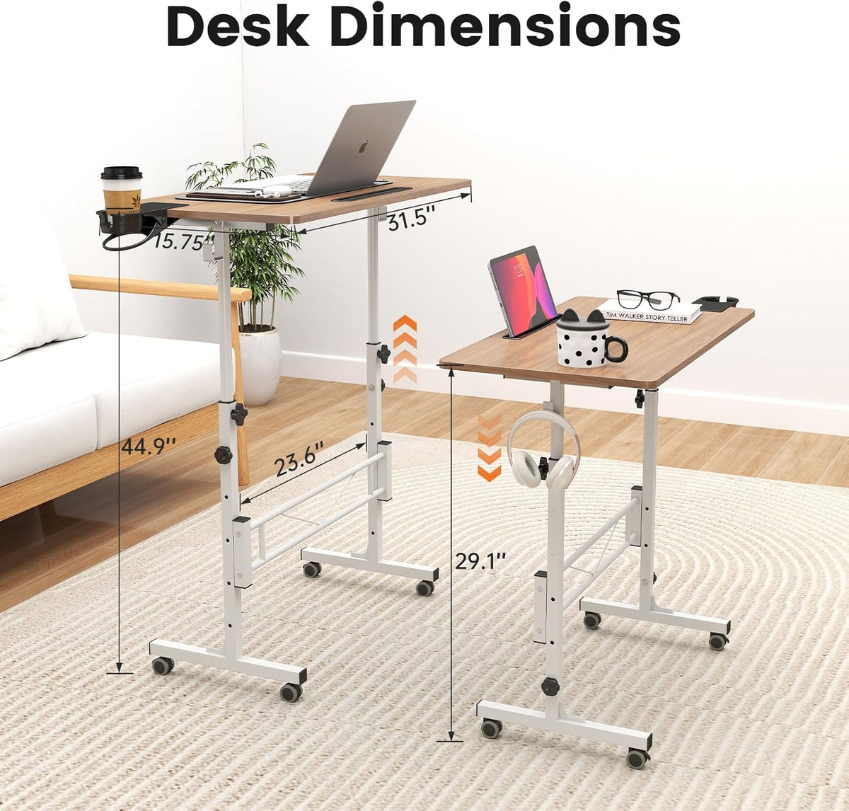 Hadulcet Portable Standing Desk, Rolling Desk Adjustable Height, Mobile Laptop Desk, Small Stand Up Table with Wheels, Walking Table for Treadmill Walking Pad, Tall Computer Stand, Oak