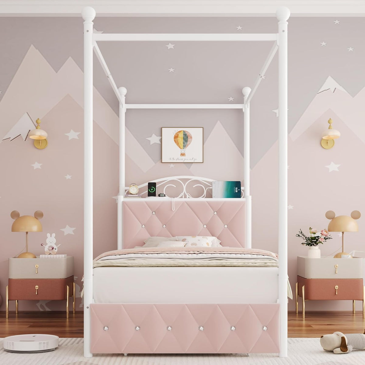 Twin Upholstered Canopy Bed Frame with Drawer & Crystal Tufted Storage Headboard Two-Purpose Metal Platform Bed with 4 Removable Posts & Charging Station Pink Princess Bed, Curtain Not Included