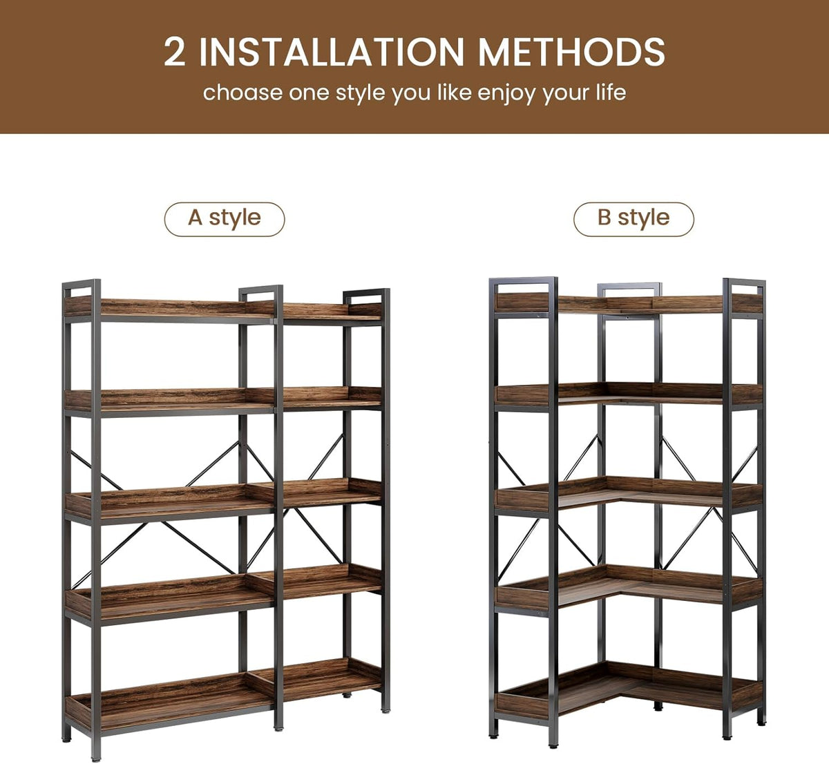 5-Tier Corner Bookshelf - Modern Tall Corner Bookcase with Sturdy Metal Frame, Large Storage L Shaped Bookshelf for Living Room/Home Office/Bedroom, Space-Saving Design, Rustic Brown
