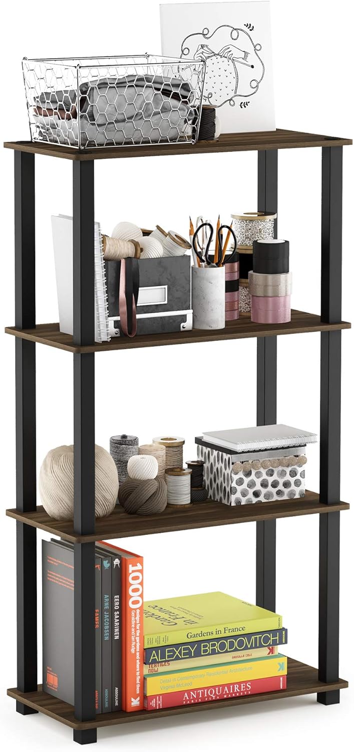 Furinno Turn-N-Tube 4-Tier Multipurpose Shelf Display Rack, Square Tube, Columbia Walnut/Black