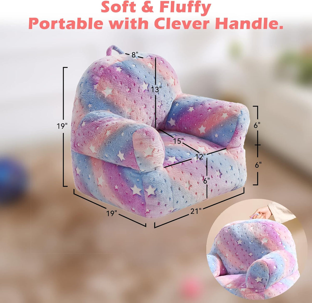 Toddler Chair, Glow in The Dark Kids Sofa Bean Bag Chair for Kids Children Couch Toddler Mini Sofa Armchair for Children, Lightweight Children Sofa Chairs (Rainbow Pink)