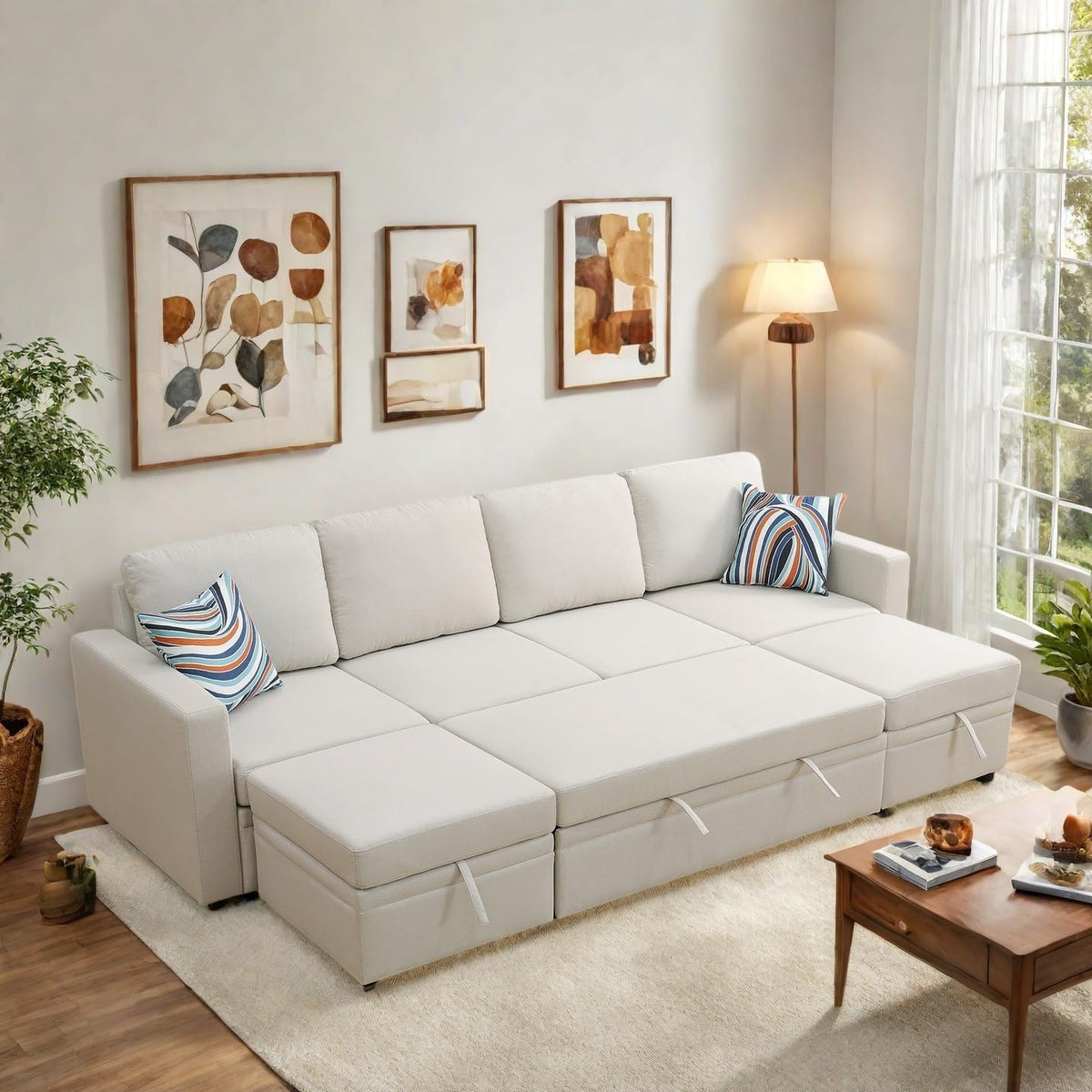 102 Inch L Shaped Sectional Couch with Pull Out Bed, 6-Seat Sleeper Sofa with Storage Ottoman, Convertible Sofa Bed for Living Room, Apartment, Off White