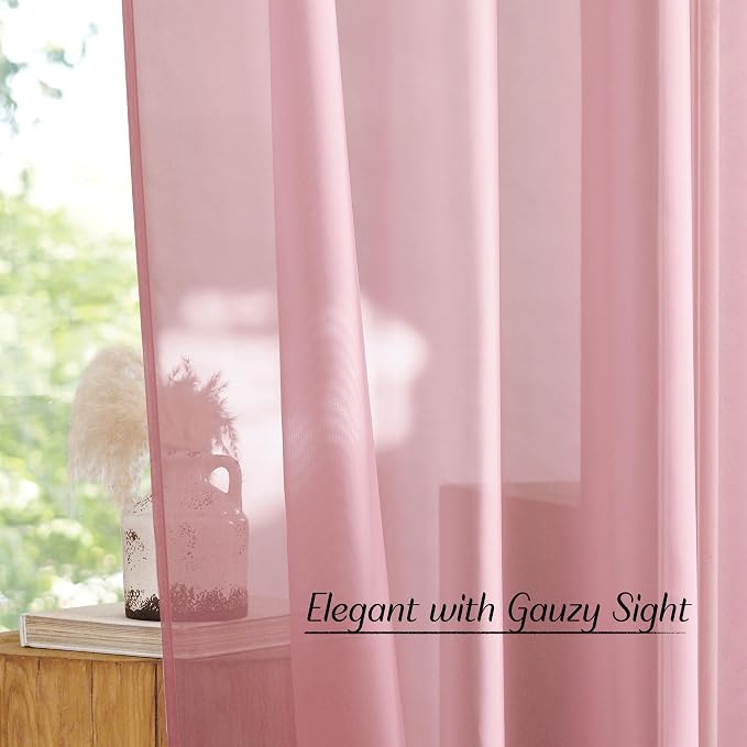 NICETOWN Voile Sheer Pink Curtains 90 inches Long