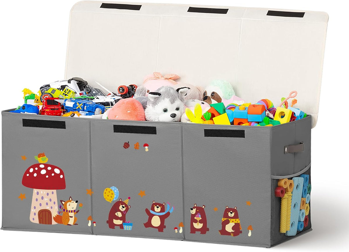 120L Large Toy Storage Box with Lid, Extra Large Toy Box Chest, Large Toy Box for Kids, Girls and Boys, Nursery Room and Living Room, 40"x13" x16" (grey-bear)