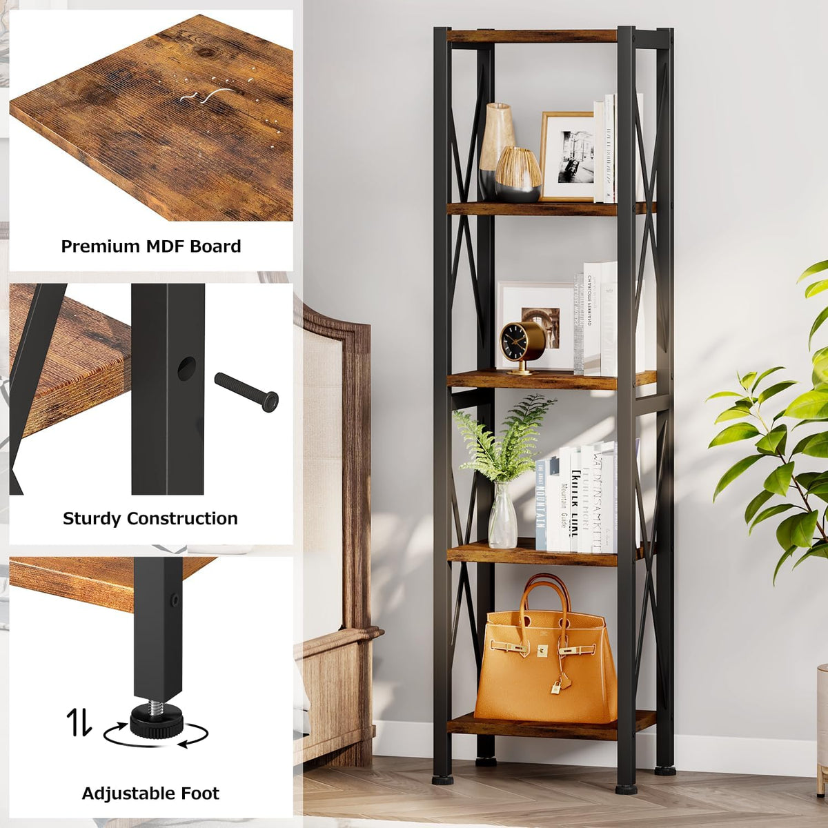 Homeiju 5-Tier Narrow Bookshelf, Ladder Bookshelf, Tall Bookshelf for Bedroom with Open Shelves, Office Bookshelf, Industrial Standing Bookshelf for Bedroom, Living Room and Home Office
