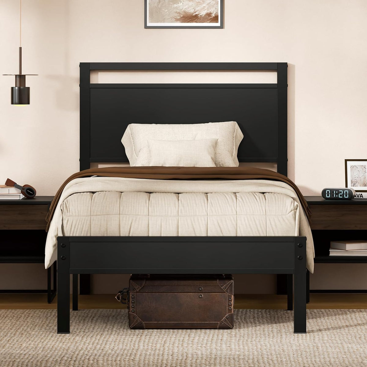 Z-hom Upgraded Twin Bed Frames, Heavy Duty Metal Sturdy Bed Frame Twin Size with Modern Wood Headboard & Footboard, Stable Platform Bed Furniture Bed Storage, No Noise, No Box Springs, Black