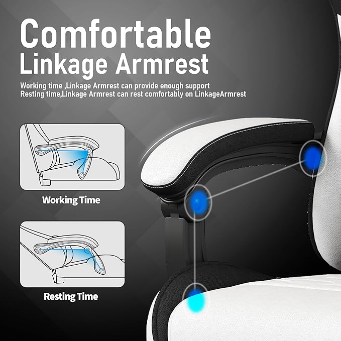 Gaming Chair, Fabric Computer Chairs with Lumbar Support and Massager, Ergonomic Office Chair with Footrest & Pocket Spring Cushion, Bearing 400 LBS（White）