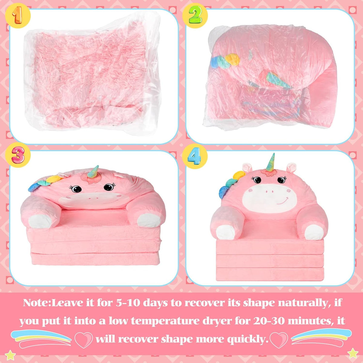 Unicorn Kids Couch Fold Out 2-in-1 Toddler Sofa Fold Out with Blanket, Soft Toddler Chair Comfy for Boys Girls Baby, Convertible Sofa to Lounger for Napping Reading Playing Christmas, Pink