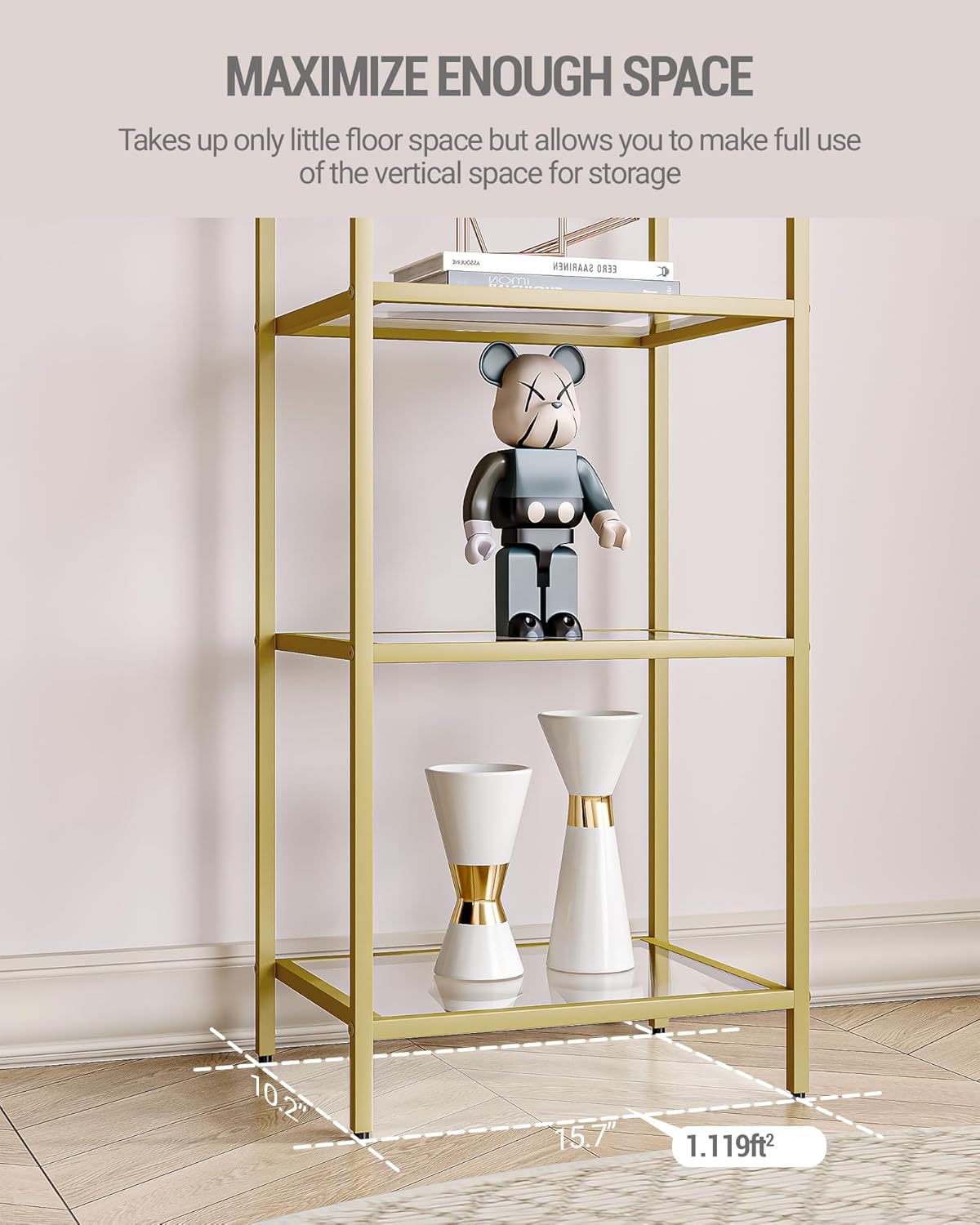 Bookcase Bookshelf, Tempered Glass Bookshelves, Slim Shelving Unit for Bedroom, Bathroom, Home Office, Steel Frame, 6 Tier Gold BC10601G