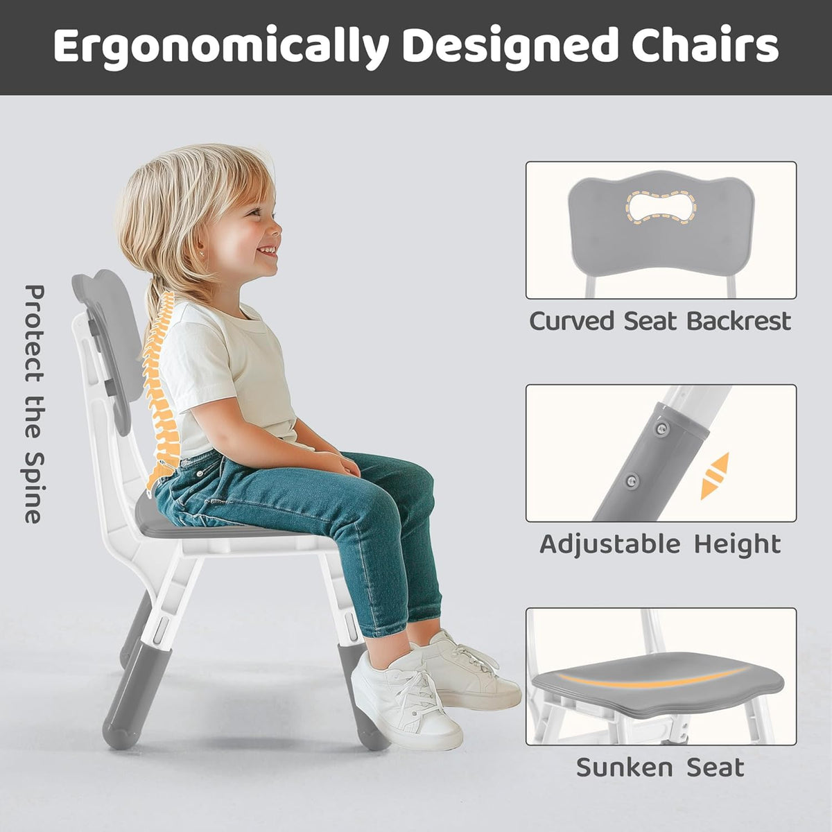 Kids Table & Chairs Set (2 Chairs) Height Adjustable for Ages 2-8 | Non-Slip Toddler Activity Table with Wipe-Clean Desktop, Montessori Learning & Art Drawing Table for Home Preschool