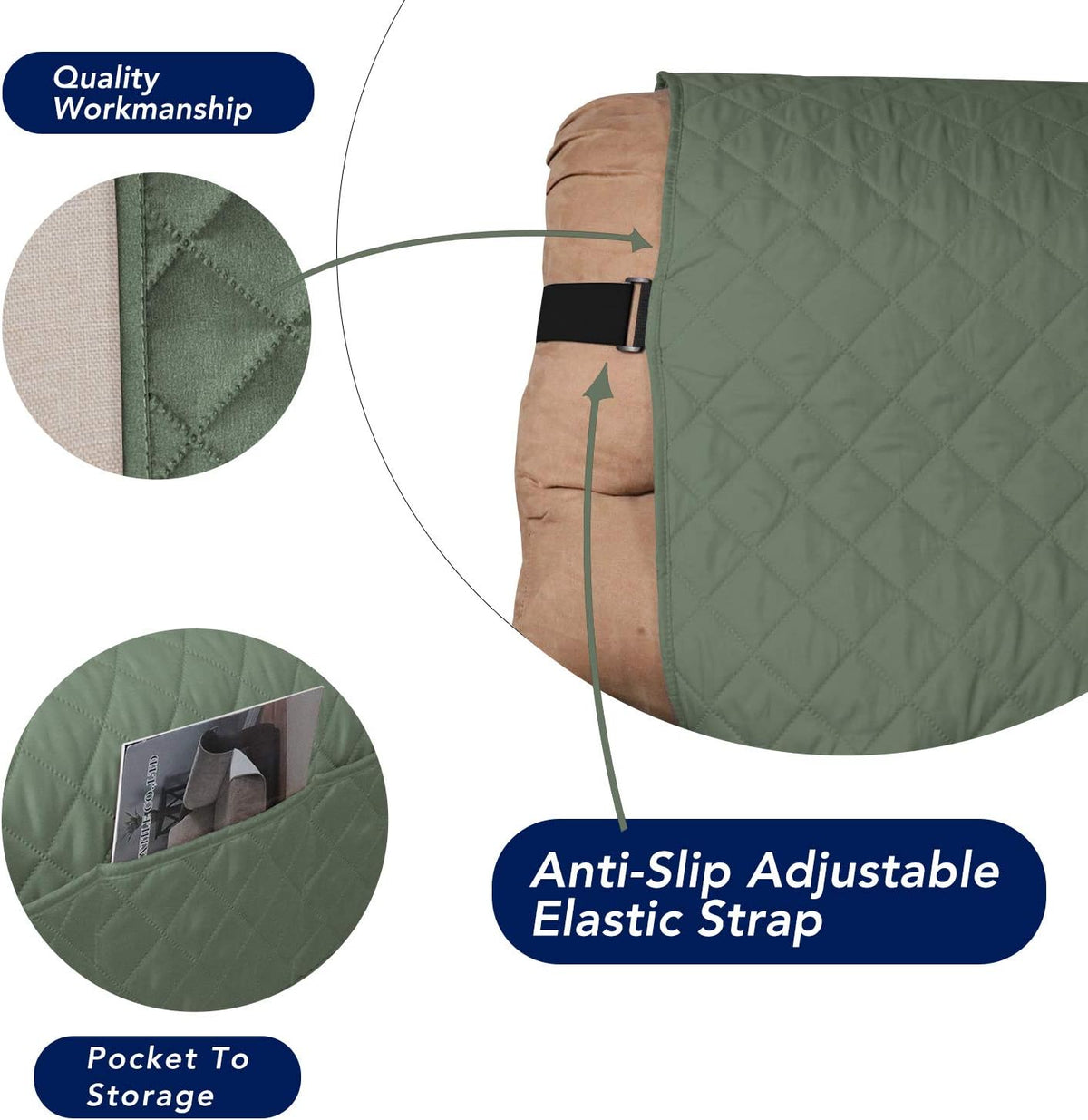 PureFit Reversible Sofa Cover Water Resistant Recliner Couch Cover, Machine Washable Furniture Cover with Adjustable Strap for Dogs, Pets (Recliner, Grayish Green/Ivory)