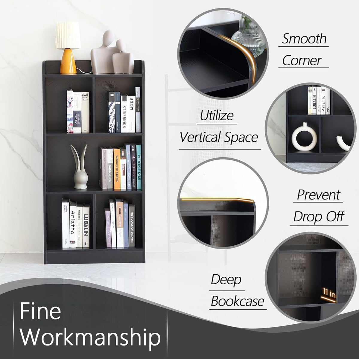 Book Shelf with Back Panel Stability 5 Cube Bookcase Multifunctional Cube Storage Organizer Shelf for Bedroom Living Room Office Closet School in Black with 23.62''W