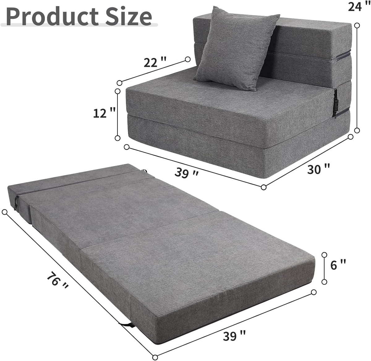 Futon Sofa Bed, High-Density Memory Foam Couch with Fluffy Pillow, Folding Floor Guest Bed, Twin Size, Dark Grey