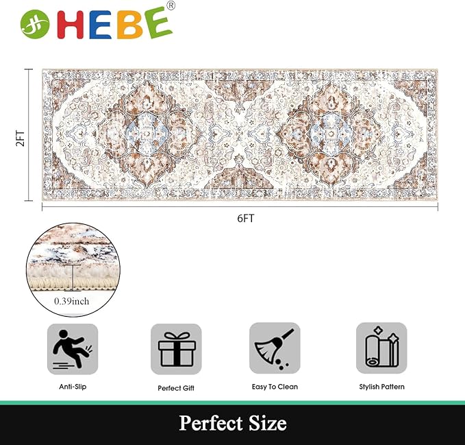 HEBE Hallway Runner Rug 2'x6' Washable Vintage Distressed Area Rugs Non Slip