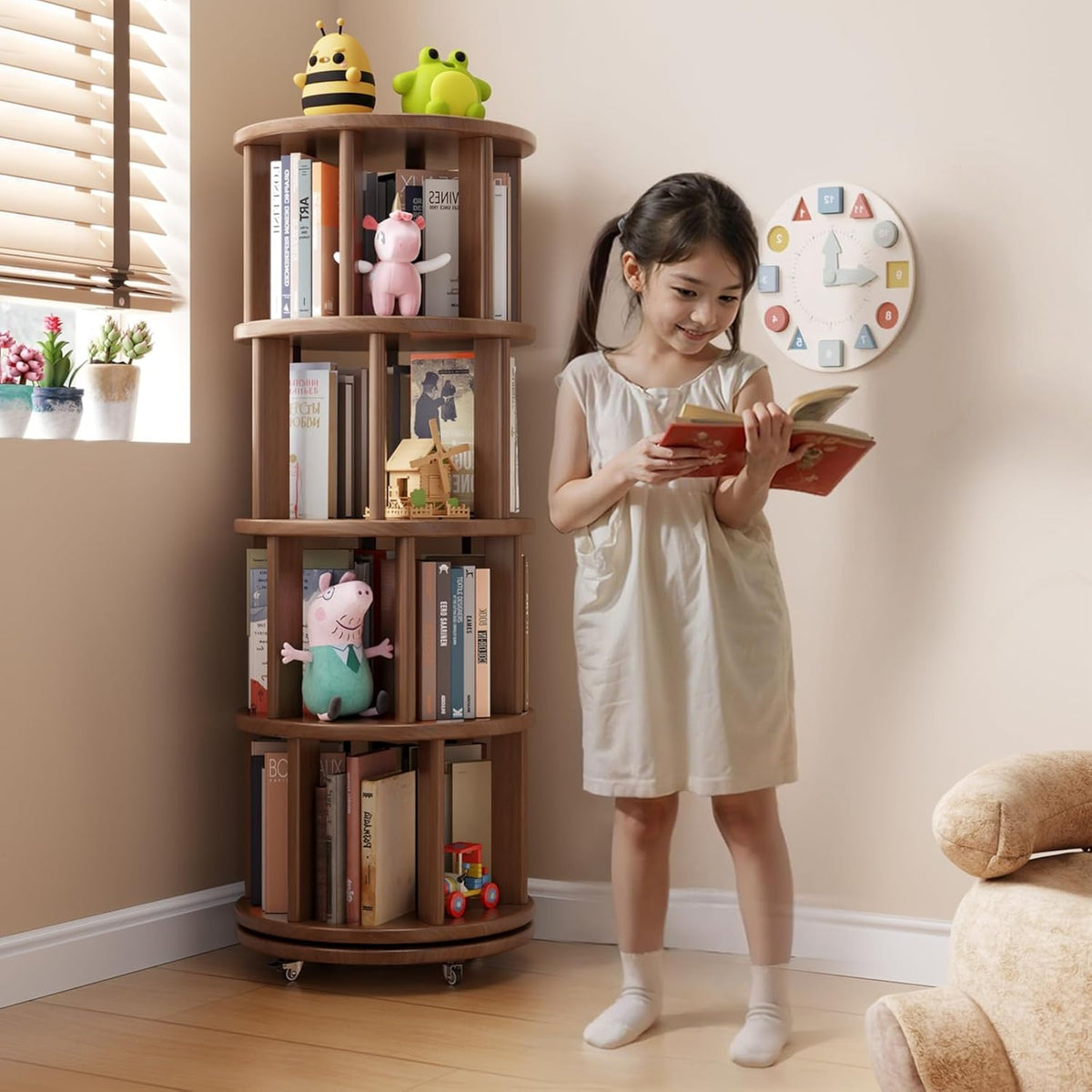 Solid Wood Rotating Bookshelf on Wheels, 4 Tier, Round Revolving Bookcase, 360° Spinning Book Shelf Tower for Kids, Narrow Rolling Bookshelves for Small Space, Corner, Bedroom, Office, Walnut