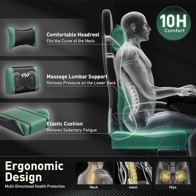 HLDIRECT Gaming Chair, Ergonomic Video Game Seat with 360° Swivel & Lumbar Massage, Computer Chair PU Leather Cushion for Adults Home/Office Use (Black & Green)