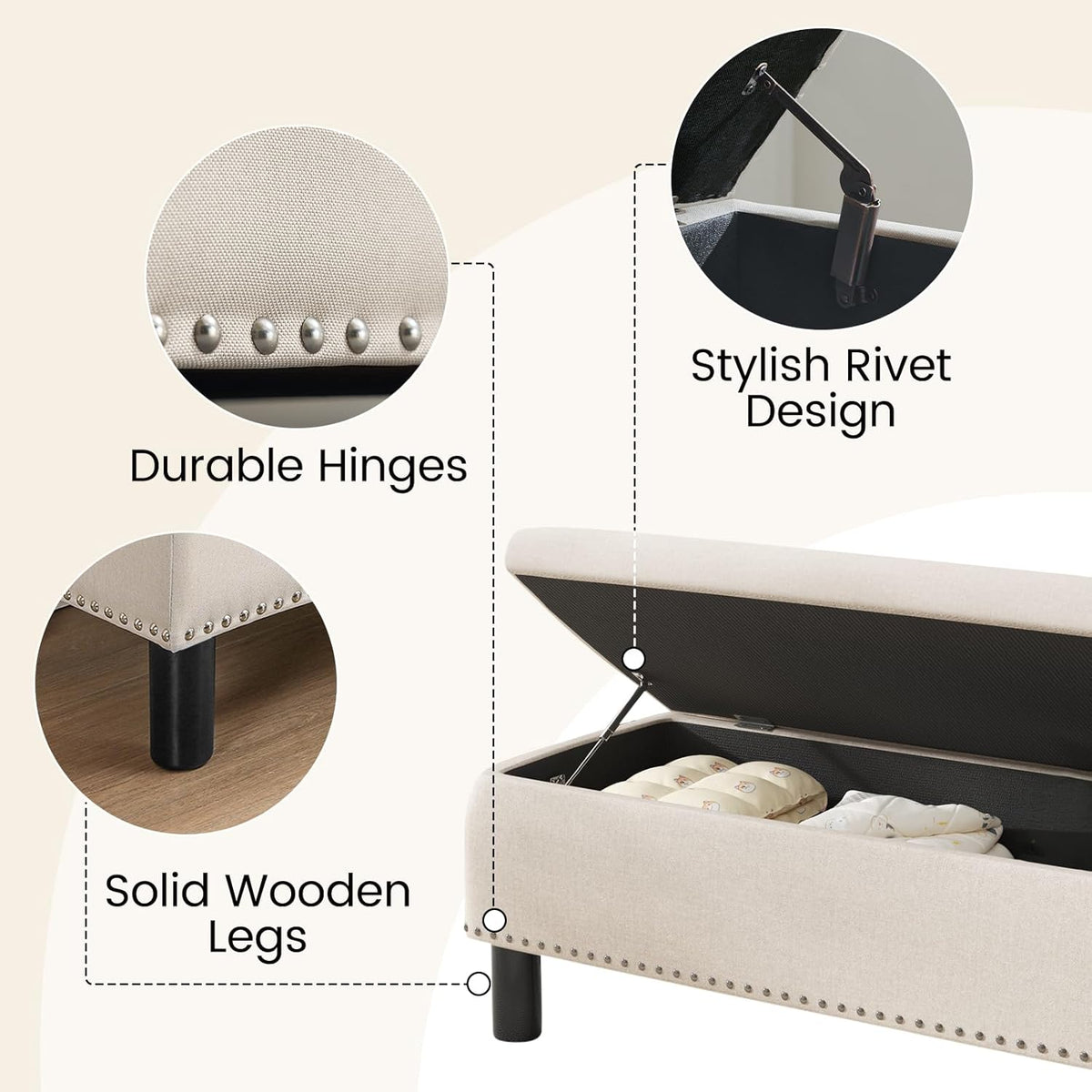 Furniliving 42” Ottoman Bench with Storage, Folding Storage Ottoman Benches with Wood Legs, Upholstered Bedroom Bench with Button-Tufted, Entryway Bench for Bedroom, Linen, Beige