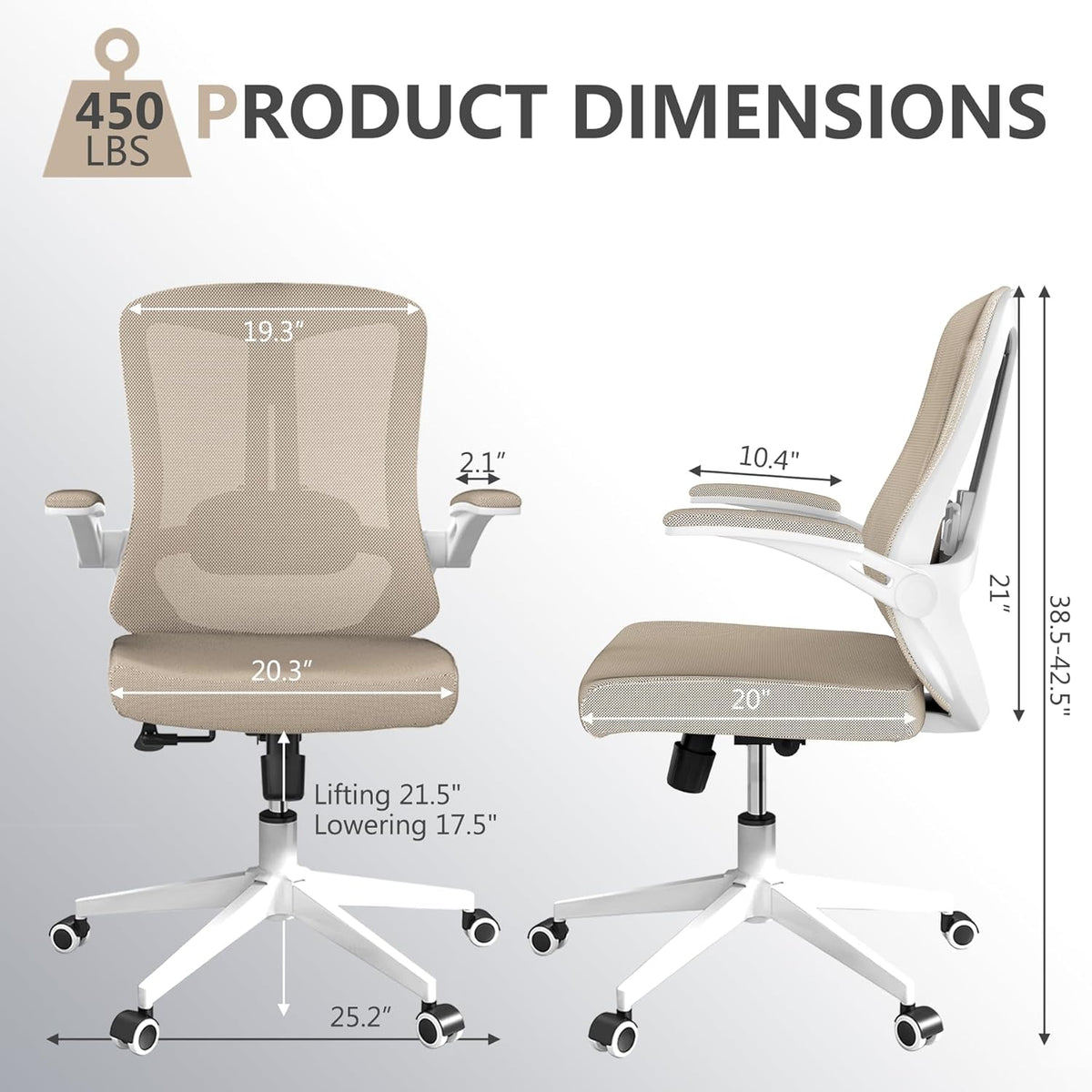 Office Chair, Ergonomic High Back Comfy Desk Chairs and Flip-up Armrest Lumbar, Swivel Tilt Function Backrest Computer Chair,PU Rolling Wheels Capacity 350LBS (Khaki)