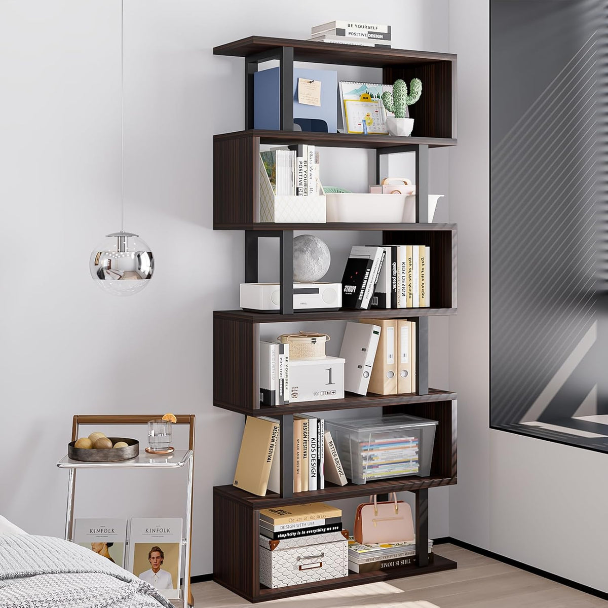 SORCEDAS Bookshelf Geometric Bookcase S Shaped Industrial Bookshelf Storage Display Stand Shelf for Living Room Bedroom and Office Room (Black, 6 Tier)