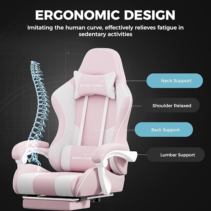 GTPLAYER Gaming Chair with Footrest, Computer Chair with and Lumbar Support, Height Adjustable Game Chair with 360°-Swivel Seat and Headrest and for Office or Gaming (Pink-Fabric)