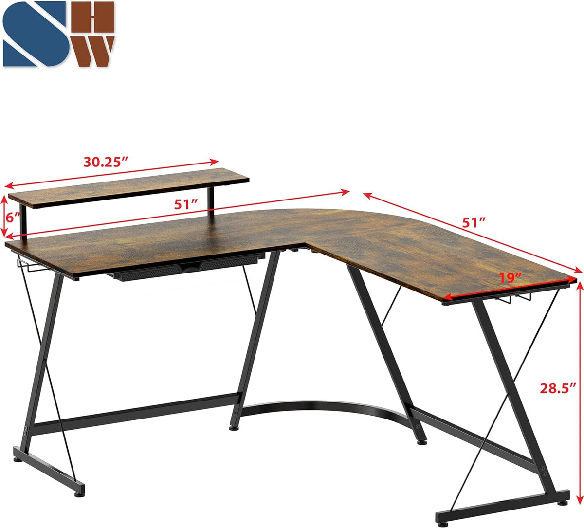 SHW 51 x 51 Inches Vista L-Shaped Desk with Monitor Stand and Drawer, Rustic Brown