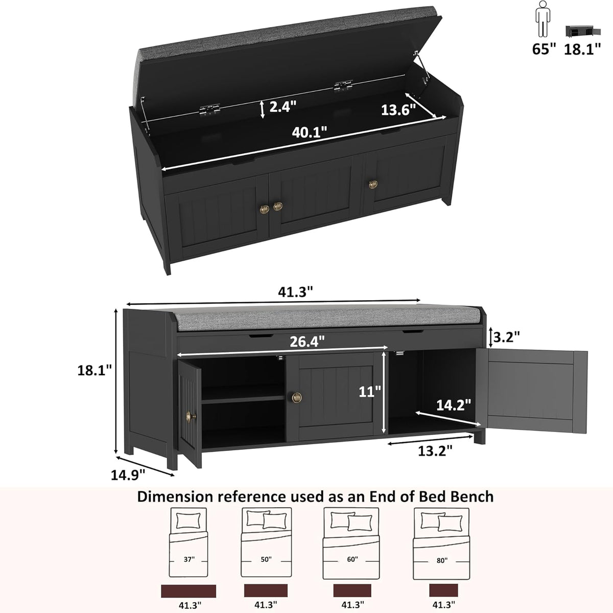 HOMEFORT 41.3" Shoe Bench with Lift Top Storage, Entryway Bench with Cushioned Seat, Wooden End of Bed Bench, Shoe Cabinet Bench with Hidden Storage Space, for Bedroom, Hallway,Black