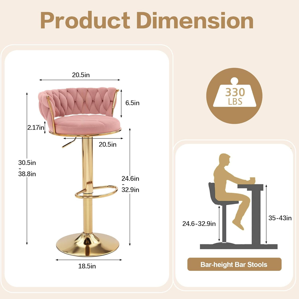 VECELO Bar Stools Set of 2, Adjustable Barstools Counter Height Stools with Back and Arm, Velvet Woven Kitchen Island Stools w/Gold Metal Leg & Base, 360° Swivel Bar Chair, Pink
