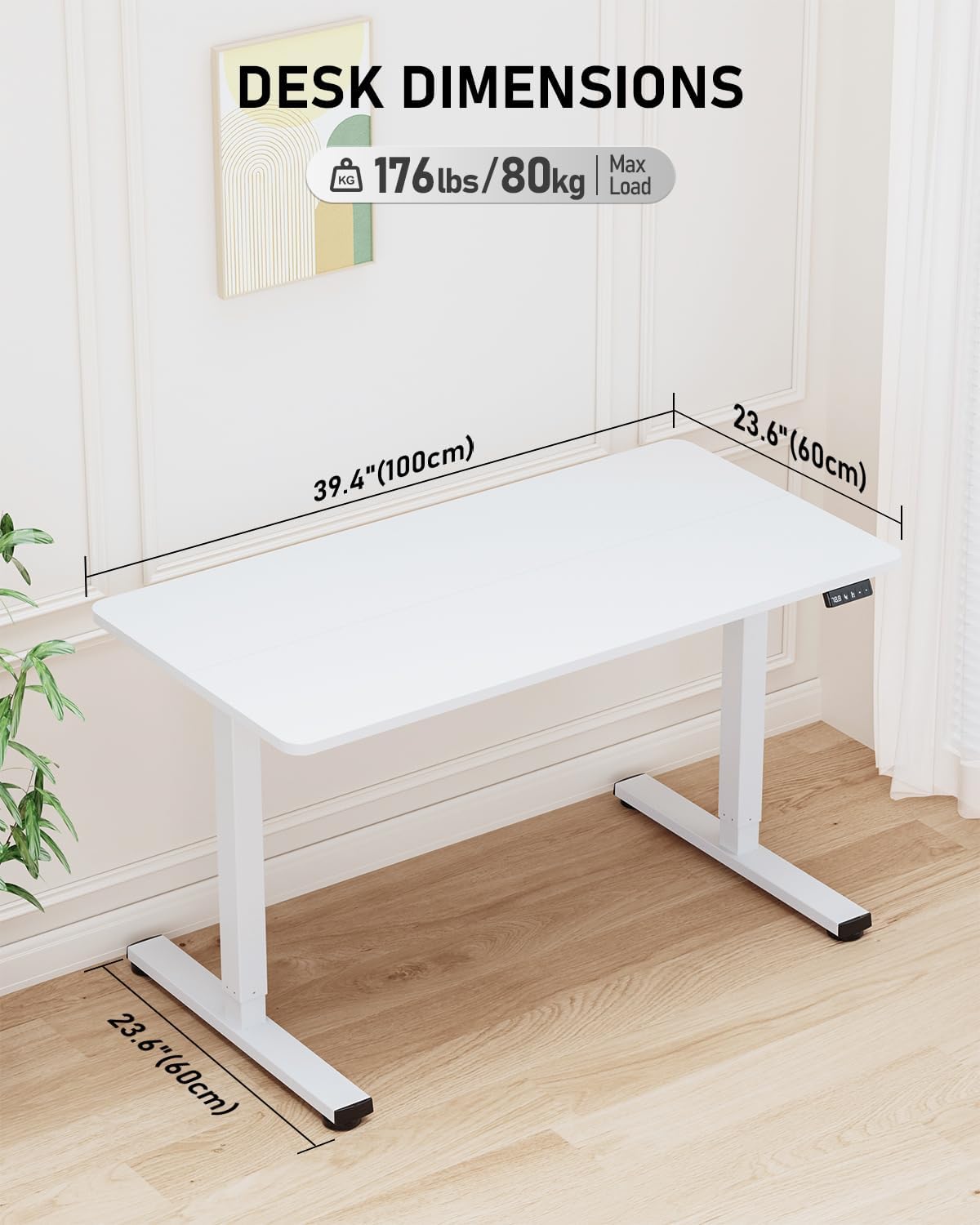 Standing Desk, Small Height Adjustable Electric Stand up Desk, 40" x 24" Sit Stand Computer Home Office Desk with Splice Board, White Frame/White Top