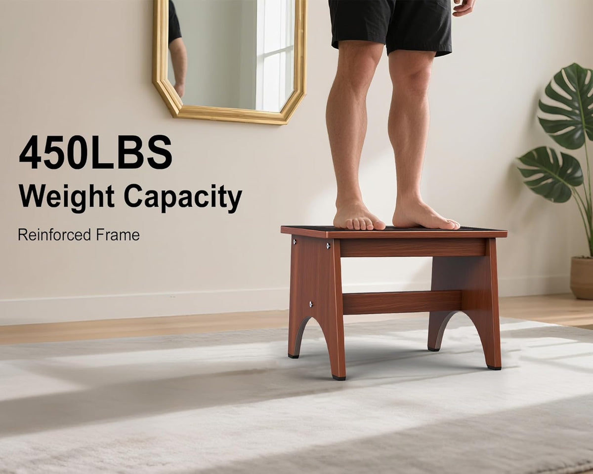 One Step Stool for Adults Seniors with Non-Slip Rubber Stepping Feet, Heavy Duty Wooden Step Stool, Portable Bed Steps for High Beds (Brown, 12 Inch)